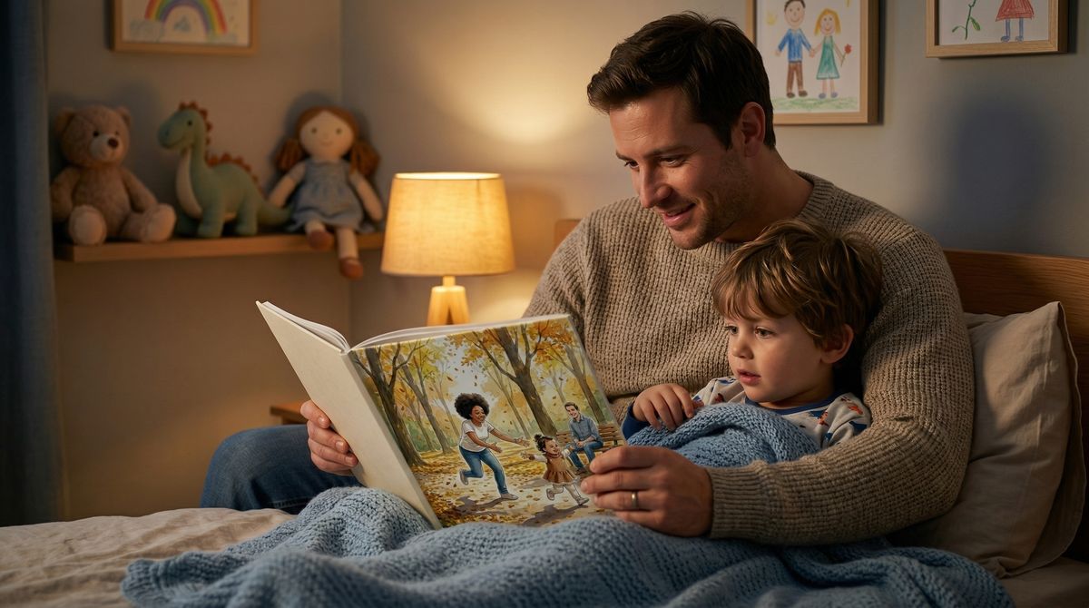 Father reading storybook to son at bedtime