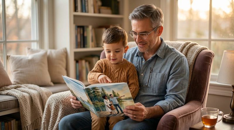 Father and toddler reading a personalized storybook together
